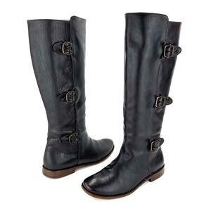 Frye Black Tall Boots Size 6.5 Leather Round Toe Low Block Heel Pull-On Style